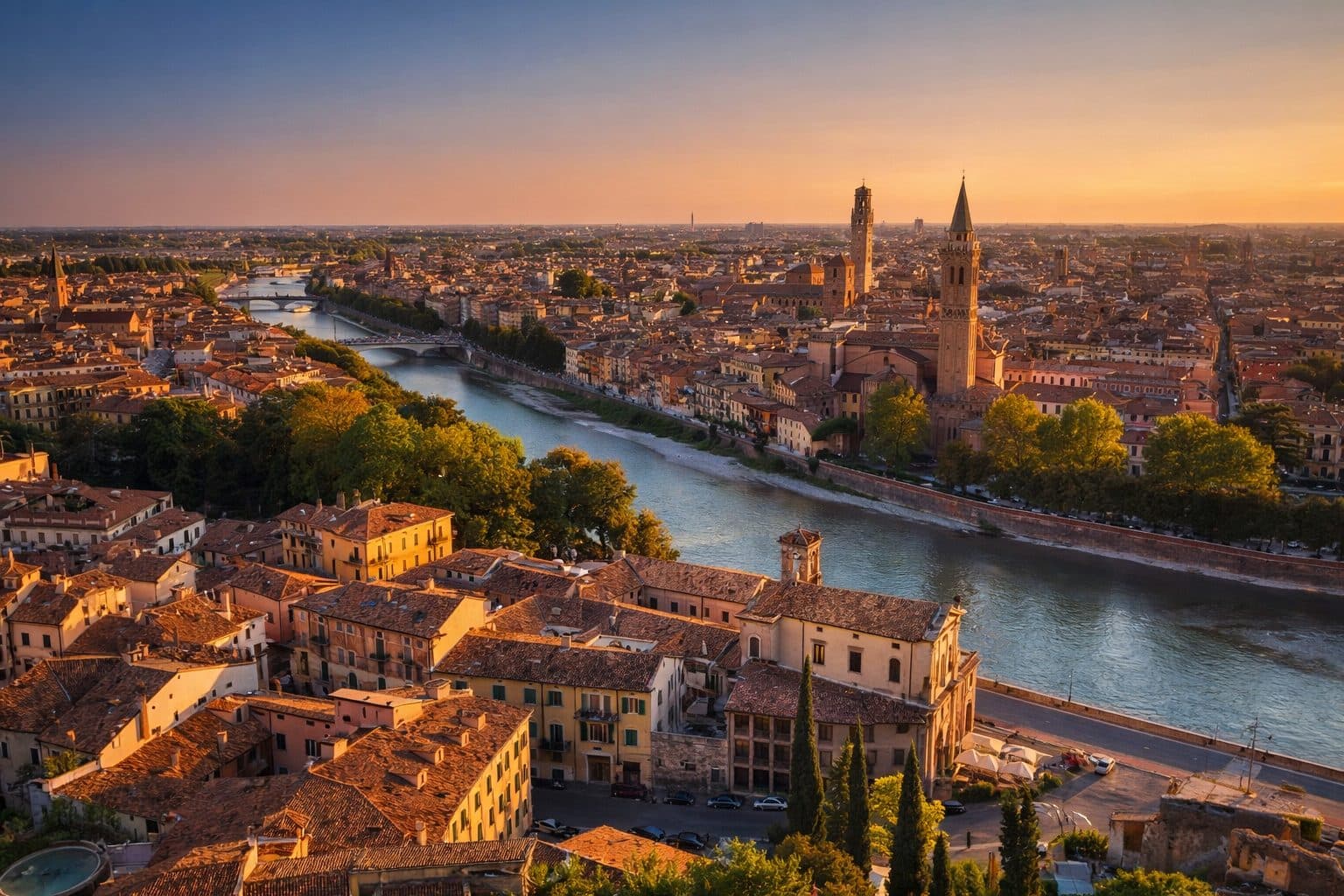 Verona al tramonto sull'Adige